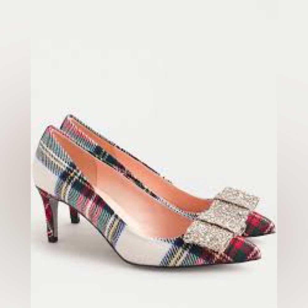 J Crew Colette pumps Stewart tartan with glitter bow size 10
